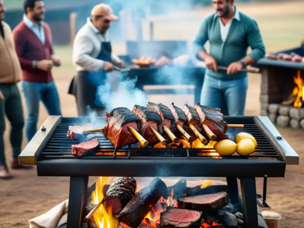 Una escena impresionante del asado uruguayo tradicional, con amigos disfrutando de la comida alrededor de la parrilla