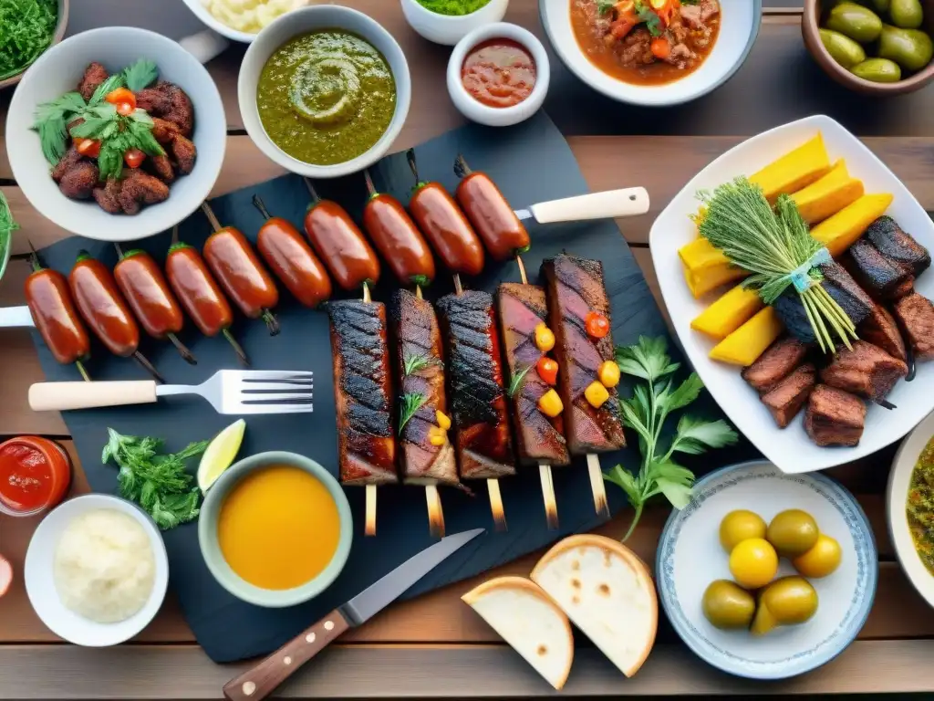 Una escena de barbacoa inclusiva y colorida con opciones vegetarianas para asado uruguayo, reunión comunitaria y diversidad culinaria