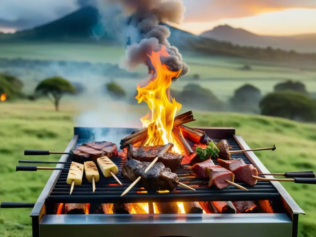 Una escena inmersiva de un asado tradicional uruguayo en pleno apogeo, con gauchos en el campo