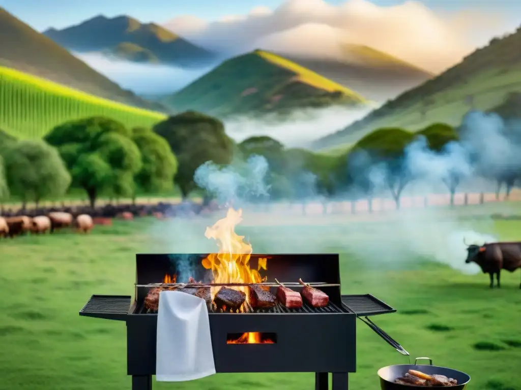 Una escena innovadora y detallada del asado uruguayo tradicional, donde la historia se fusiona con la innovación en un entorno natural