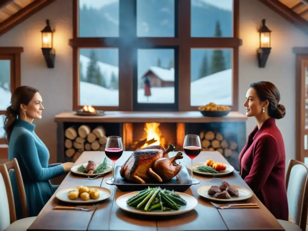 Escena invernal acogedora con amigos en cabaña rústica, disfrutando de maridaje vinos asado invierno