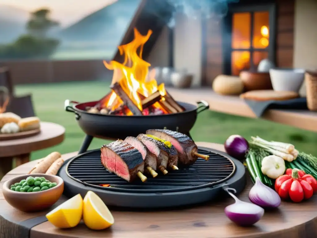 Una escena invernal acogedora en Uruguay: asado uruguayo, vinos y fogata