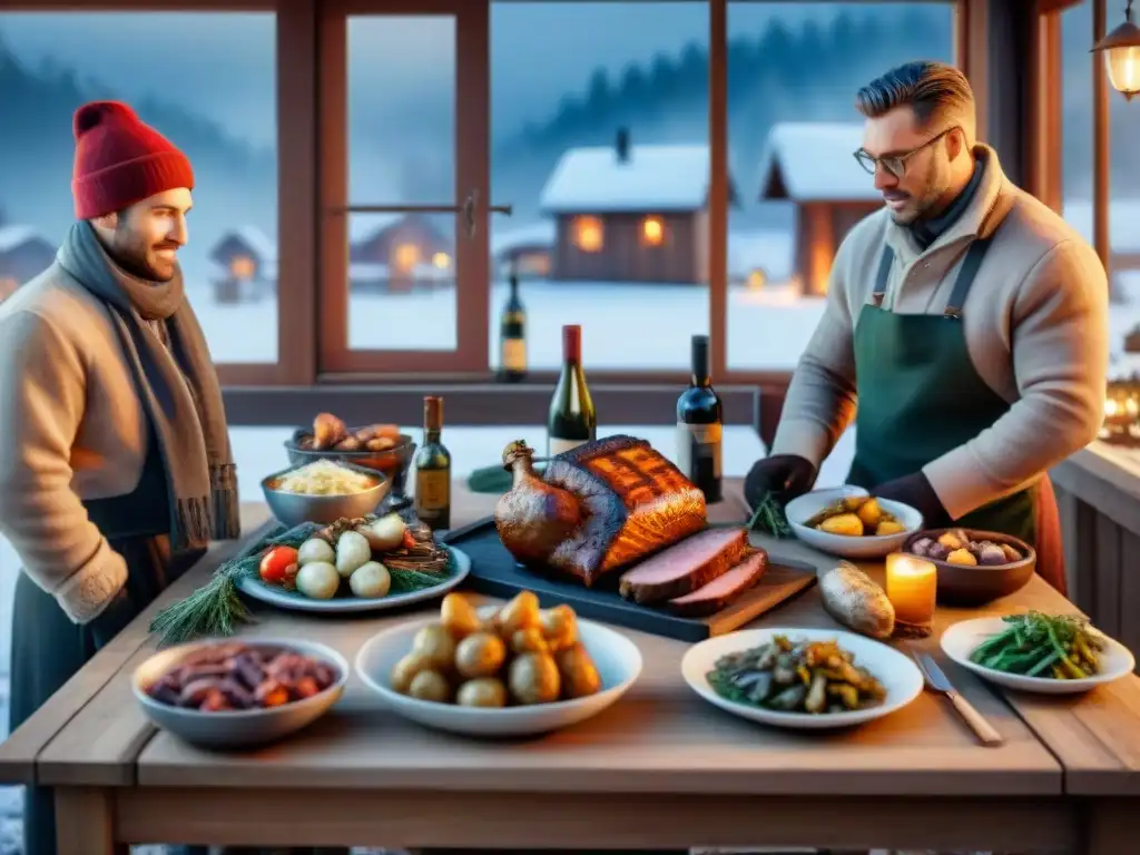 Una escena invernal acogedora con asado y vinos, ideal para una reunión