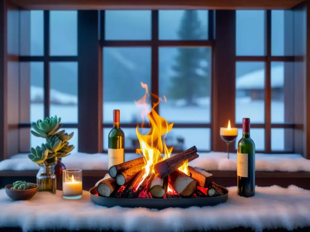 Una escena invernal acogedora con chimenea, vinos y asado