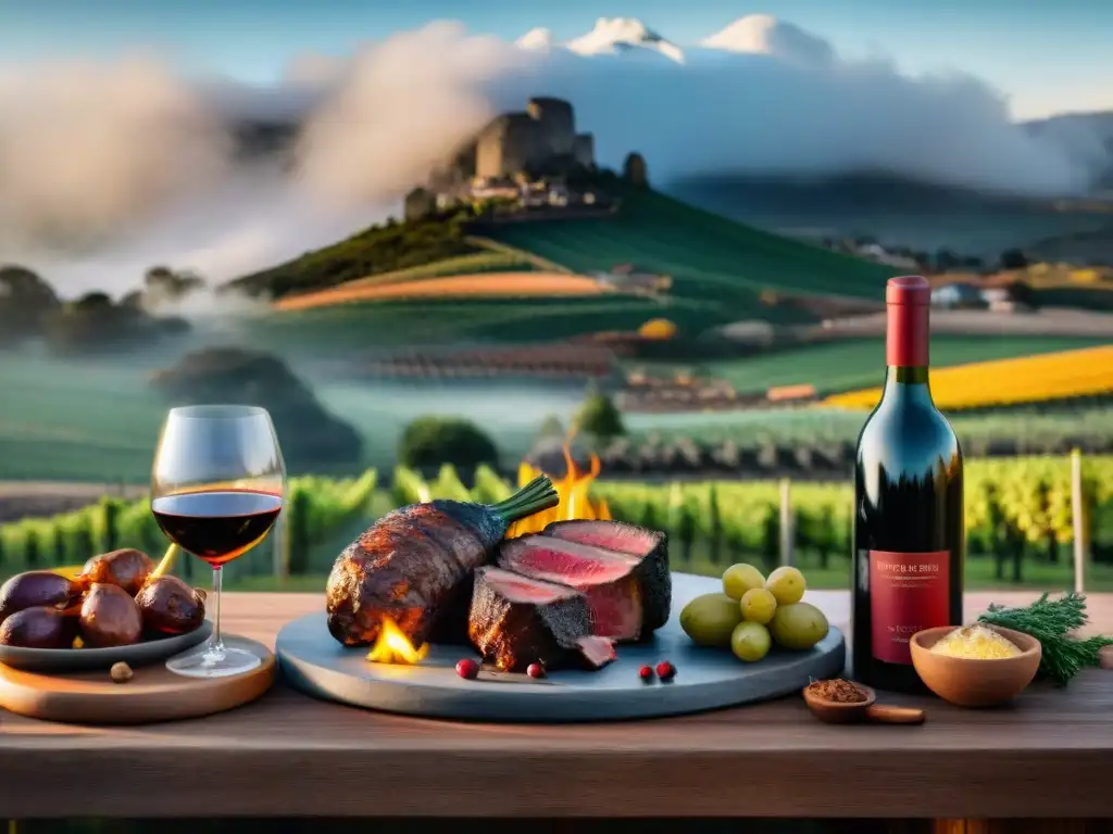 Una escena invernal acogedora en Uruguay: mesa de madera con carnes a la parrilla y vinos, paisaje nevado y fogata