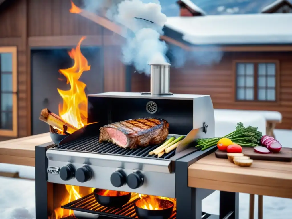 Escena invernal acogedora con parrilla de acero inoxidable asando alimentos, frente a una cabaña cálida