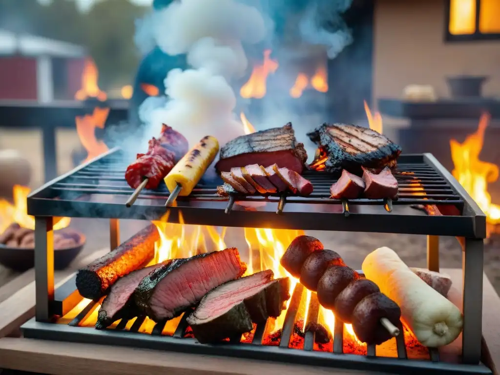 Una escena invernal acogedora en una parrilla uruguaya rústica con amigos y familia alrededor de un asado, las mejores parrillas para asar