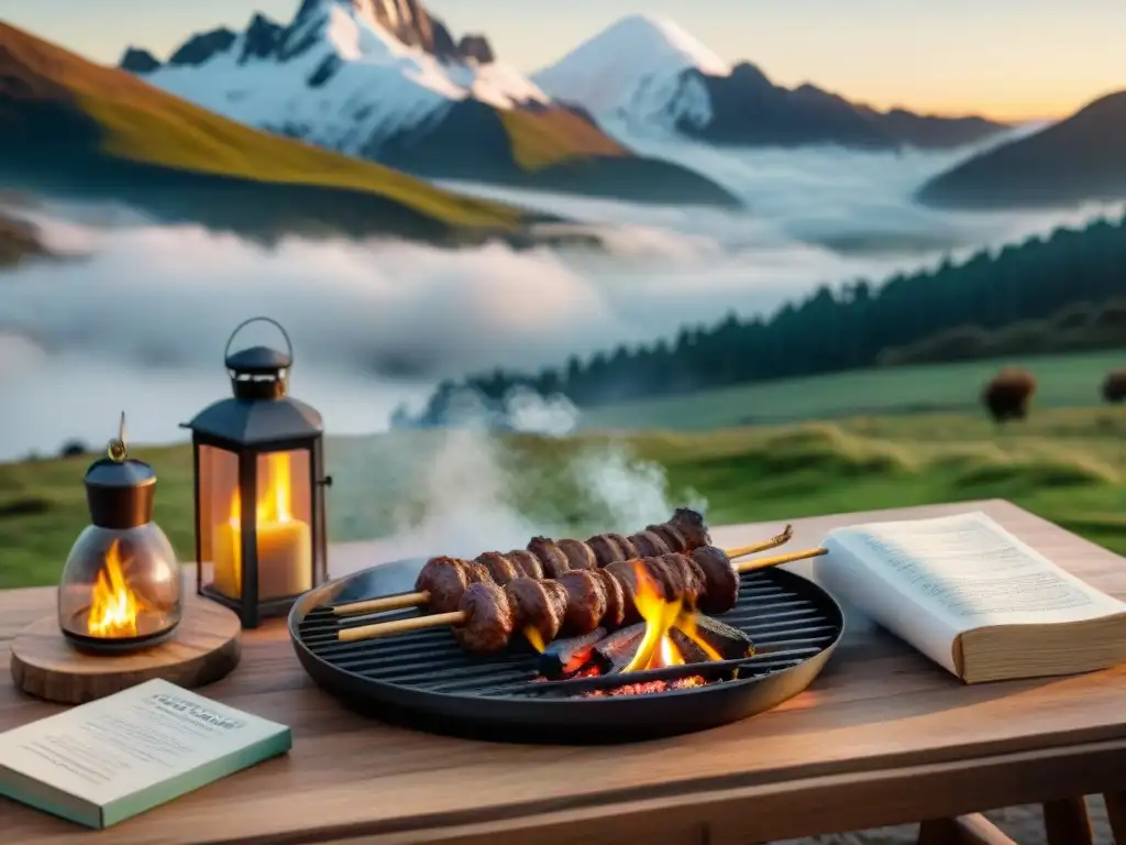 Una escena invernal de asado uruguayo con libros de recetas y herramientas tradicionales, iluminada por el fuego