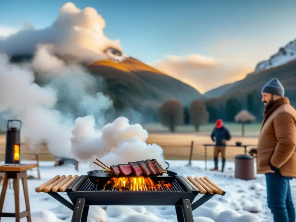 Escena invernal con parrilla de asado argentina, amigos y familia disfrutando de la tradición invernal