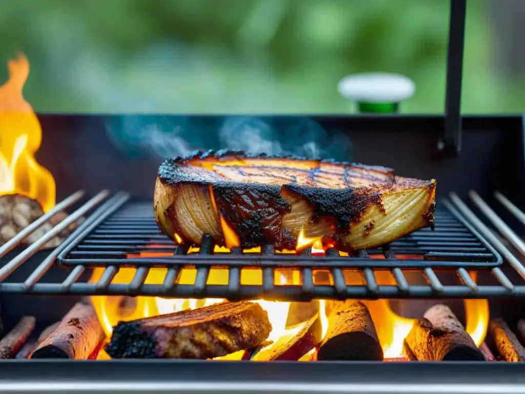 Una escena invernal de parrillada alrededor de una chimenea, mostrando las mejores parrillas para asar en un ambiente acogedor y tentador