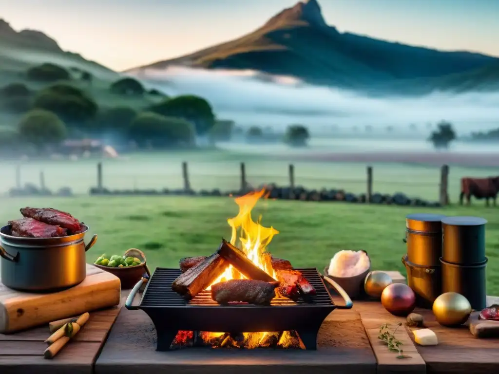 Escena invernal uruguaya: asado al aire libre en la nieve con personas disfrutando del fuego y las recetas de asado uruguayo invierno