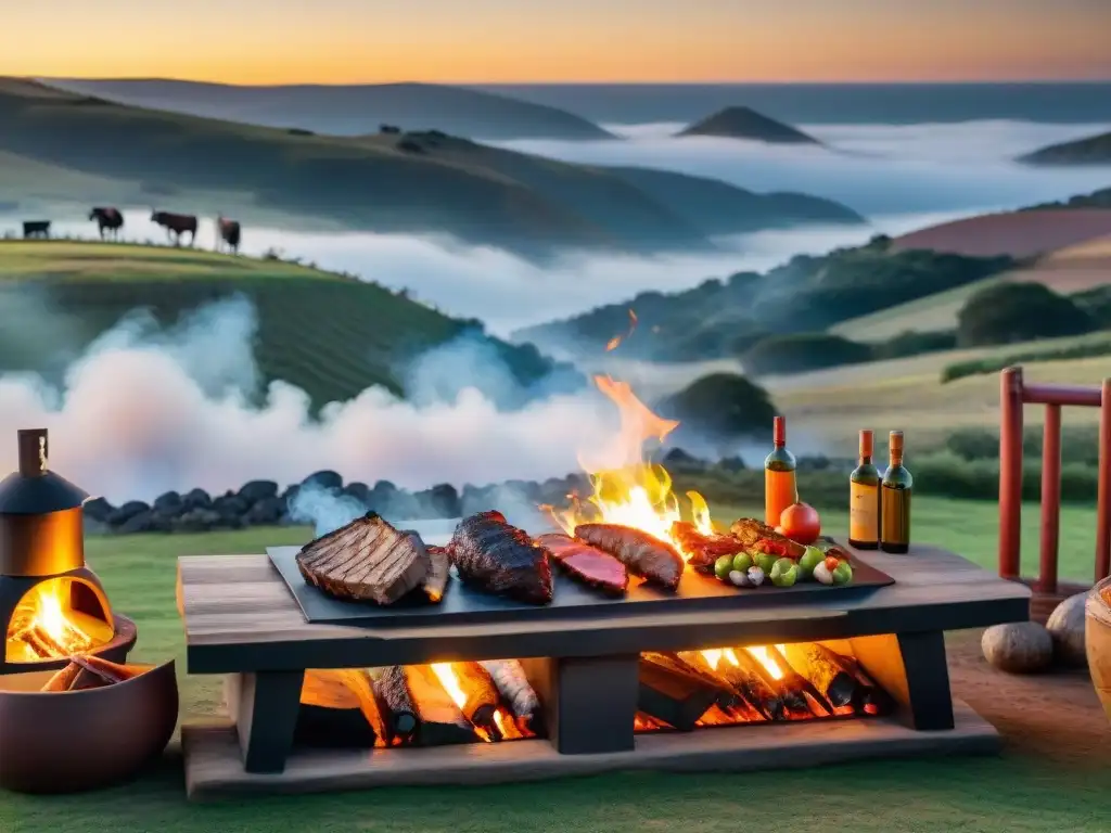 Una escena de lujo y tradición en estancias uruguayas con un asado exclusivo al aire libre al atardecer