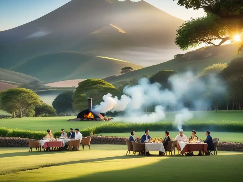 Una escena lujosa de un asado uruguayo en una estancia, con gaucho, paisaje y comida exquisita