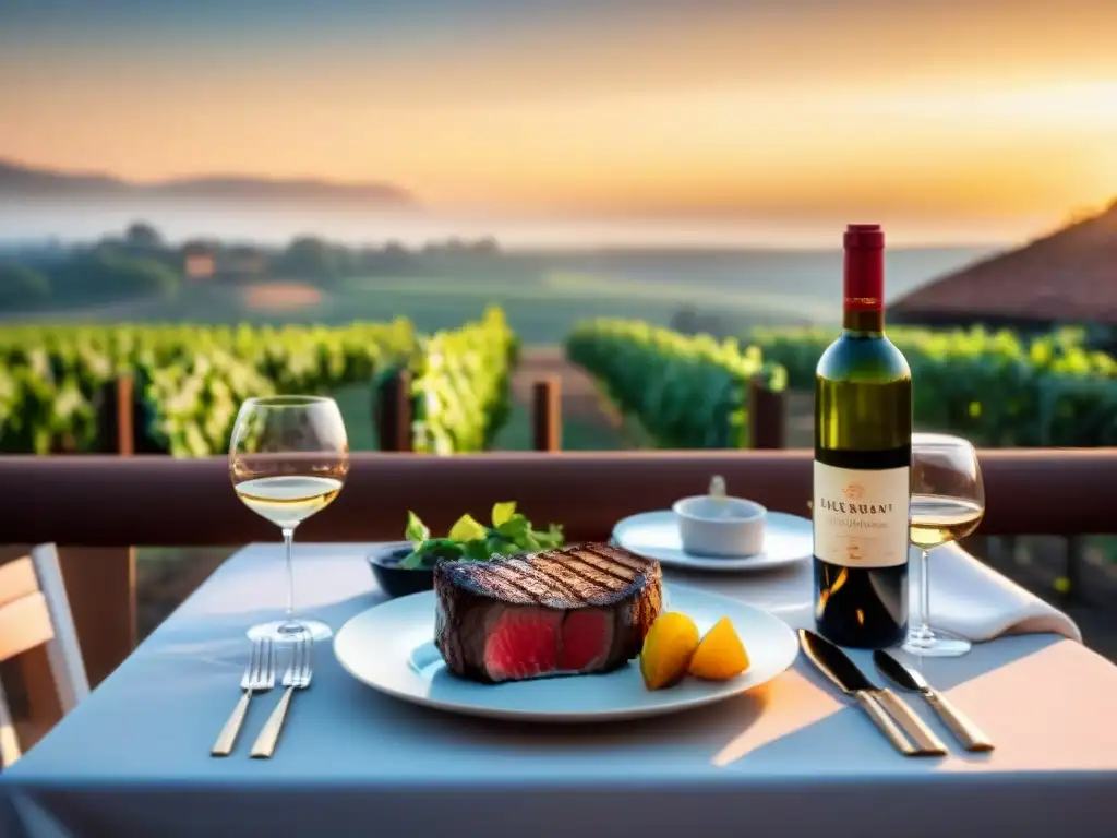 Una escena lujosa de cena al aire libre con vinos de alta gama y asado, iluminada por el cálido atardecer