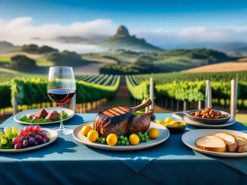 Escena lujosa de comedor al aire libre en Uruguay con vinos de alta gama asado