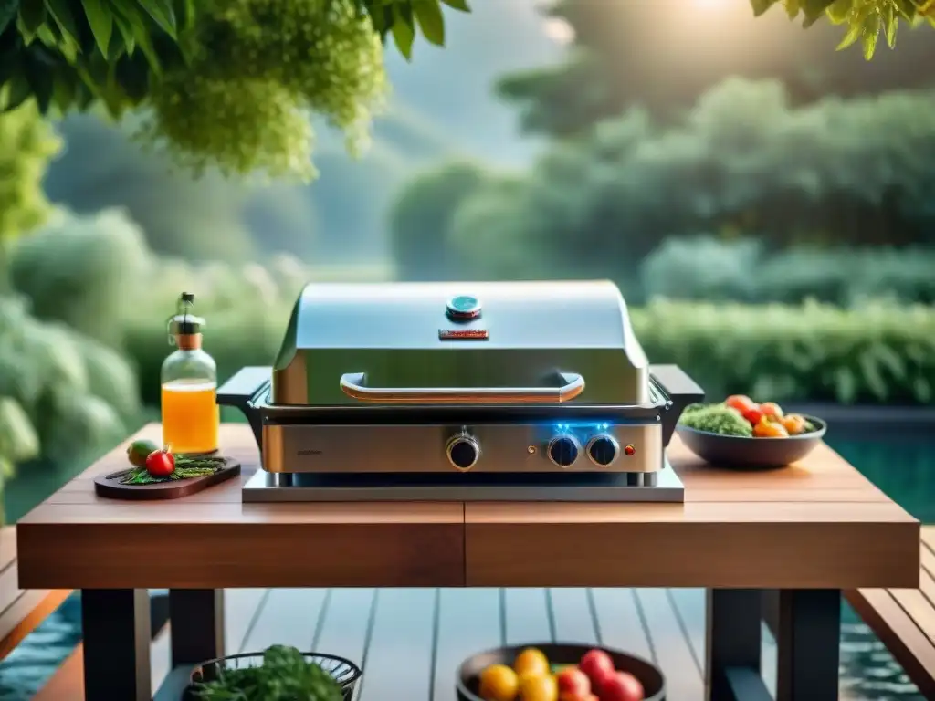 Escena lujosa de mesa de preparación para asado, con detalles en acero inoxidable y madera, rodeada de verdor y luz cálida