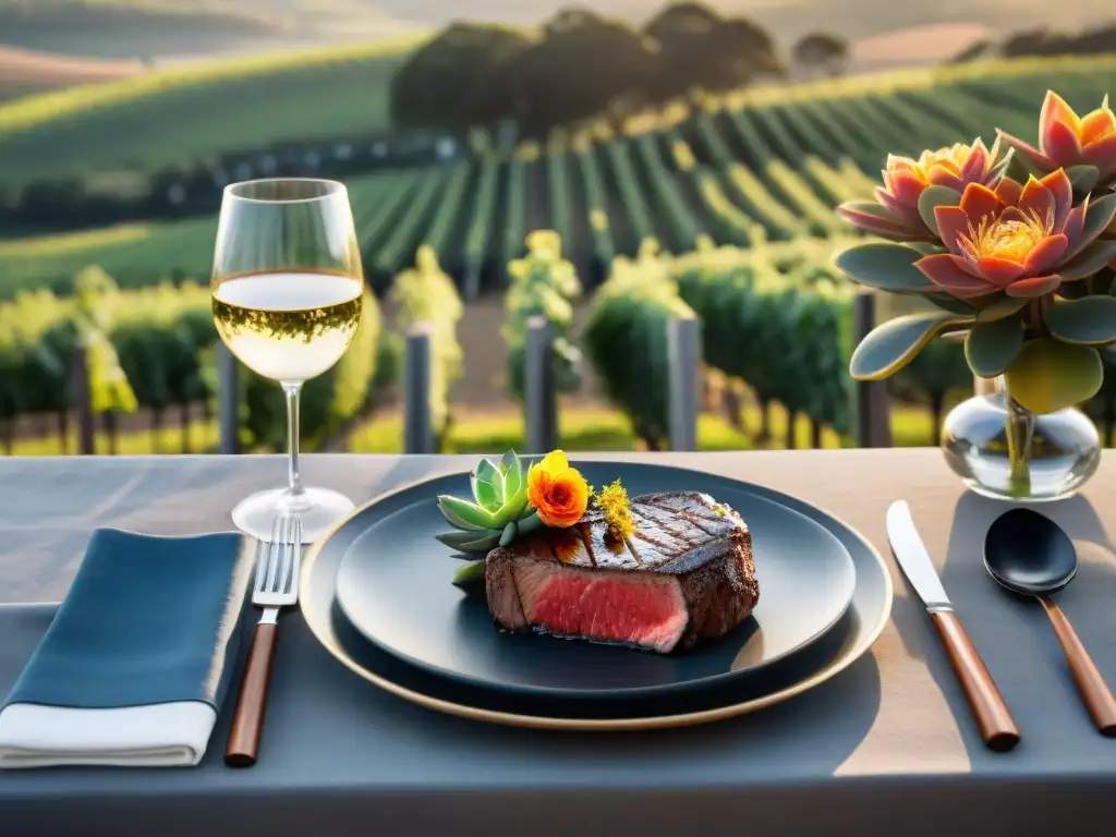 Una escena lujosa de mesa con vinos uruguayos para asado lujo, vista a viñedo