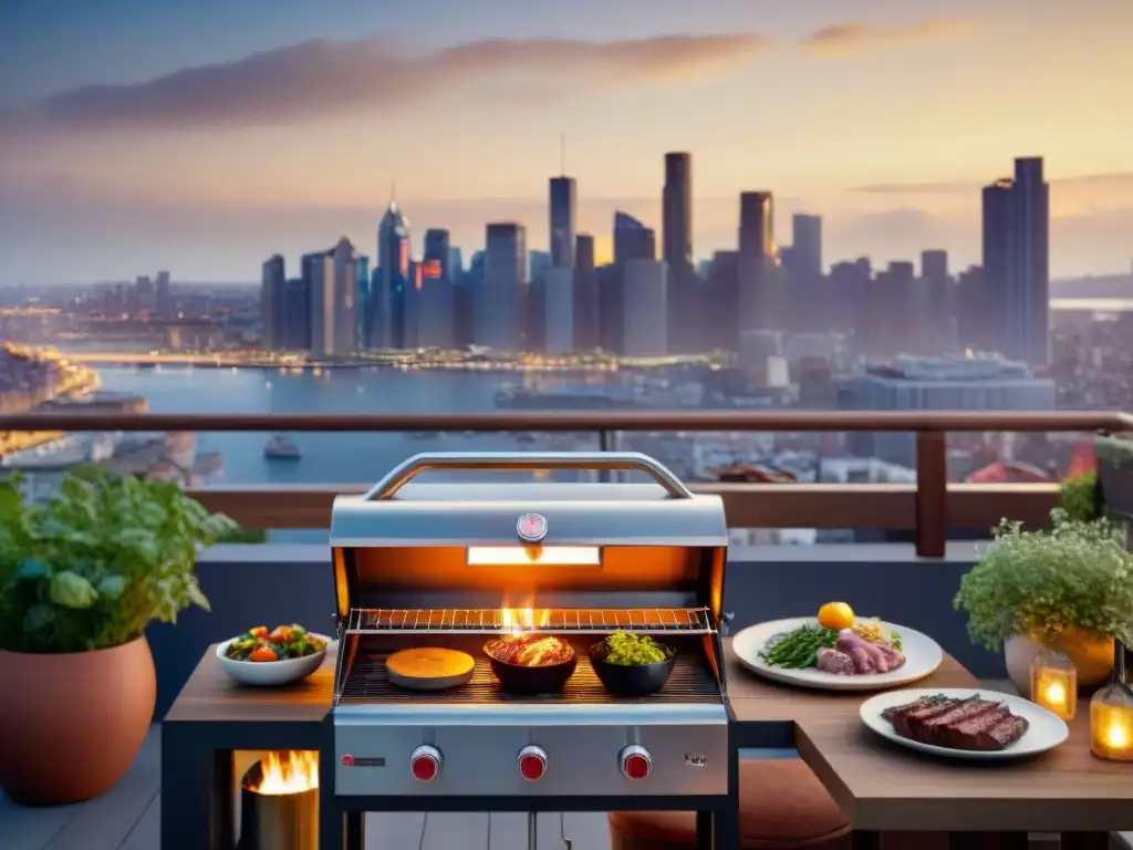 Una escena mágica de asado en espacios reducidos: amigos riendo alrededor de una parrilla moderna en una terraza urbana al anochecer