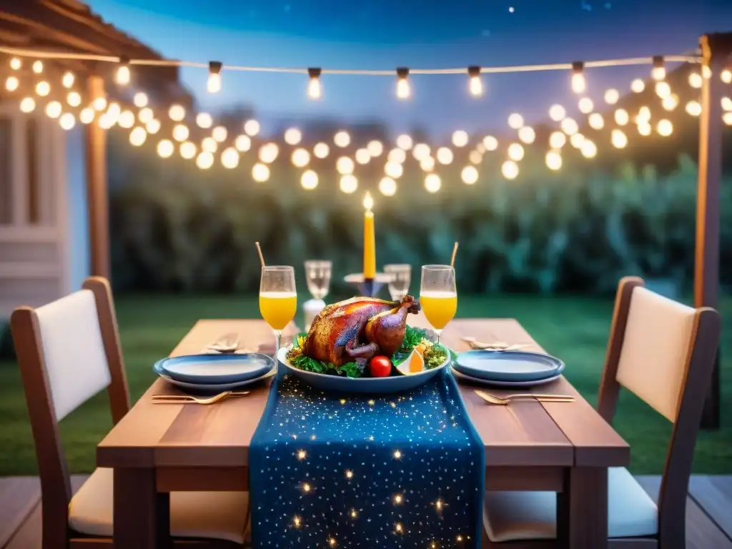 Escena mágica de asado nocturno perfecto bajo estrellas con mesa de comidas variadas y luces suaves