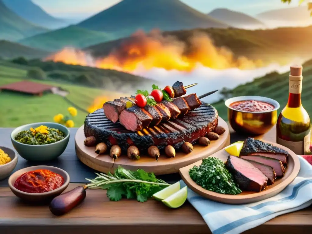 Una escena mágica de un asado uruguayo con platos icónicos y amigos reunidos al atardecer en el campo