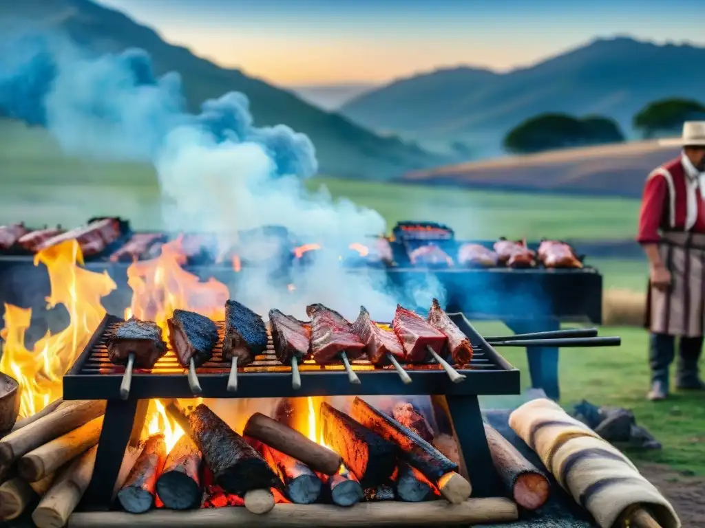 Una escena mágica de un asado uruguayo tradicional, con gauchos y técnicas ancestrales, en el campo uruguayo