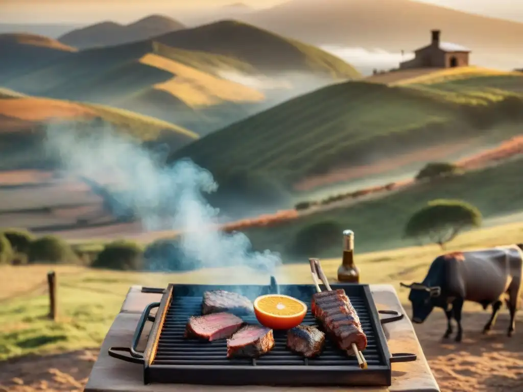 Escena mágica del asado uruguayo tradición en el campo al atardecer con gauchos y ganado