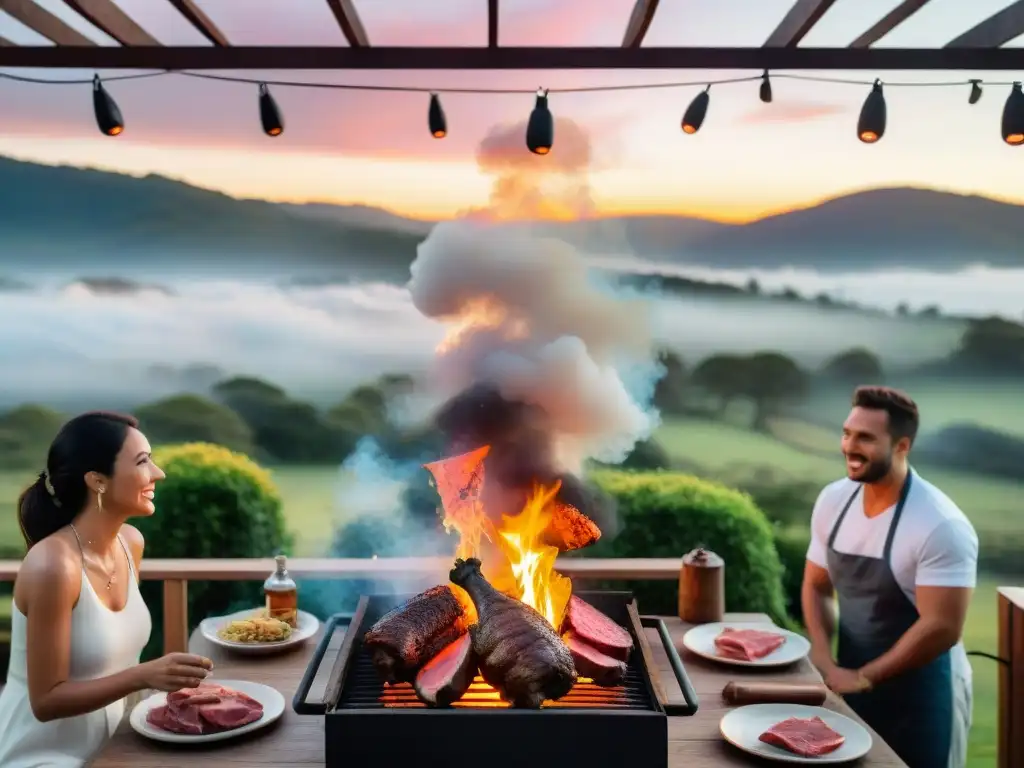 Una escena mágica de un asado uruguayo con amigos y familiares disfrutando bajo un atardecer colorido