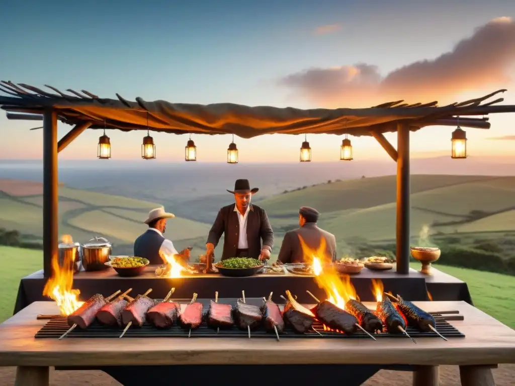 Una escena mágica de un asado uruguayo en una estancia, fusionando lujo, tradición y belleza natural