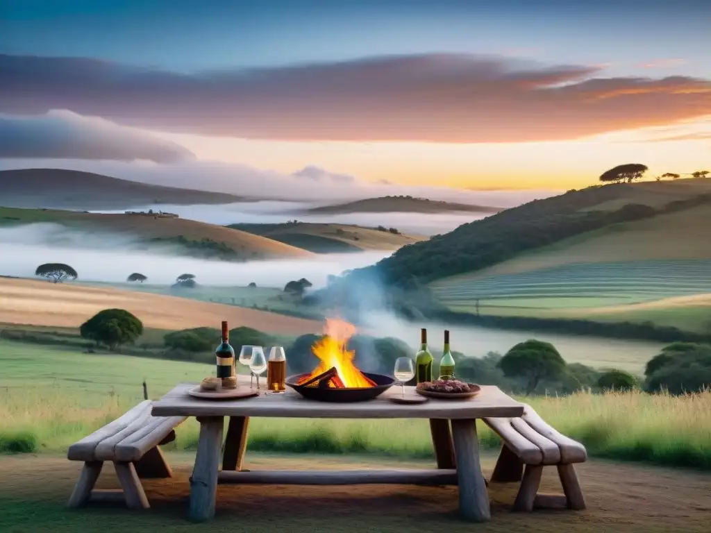 Escena mágica de tradición asado uruguayo en el campo al anochecer, bajo un cielo estrellado