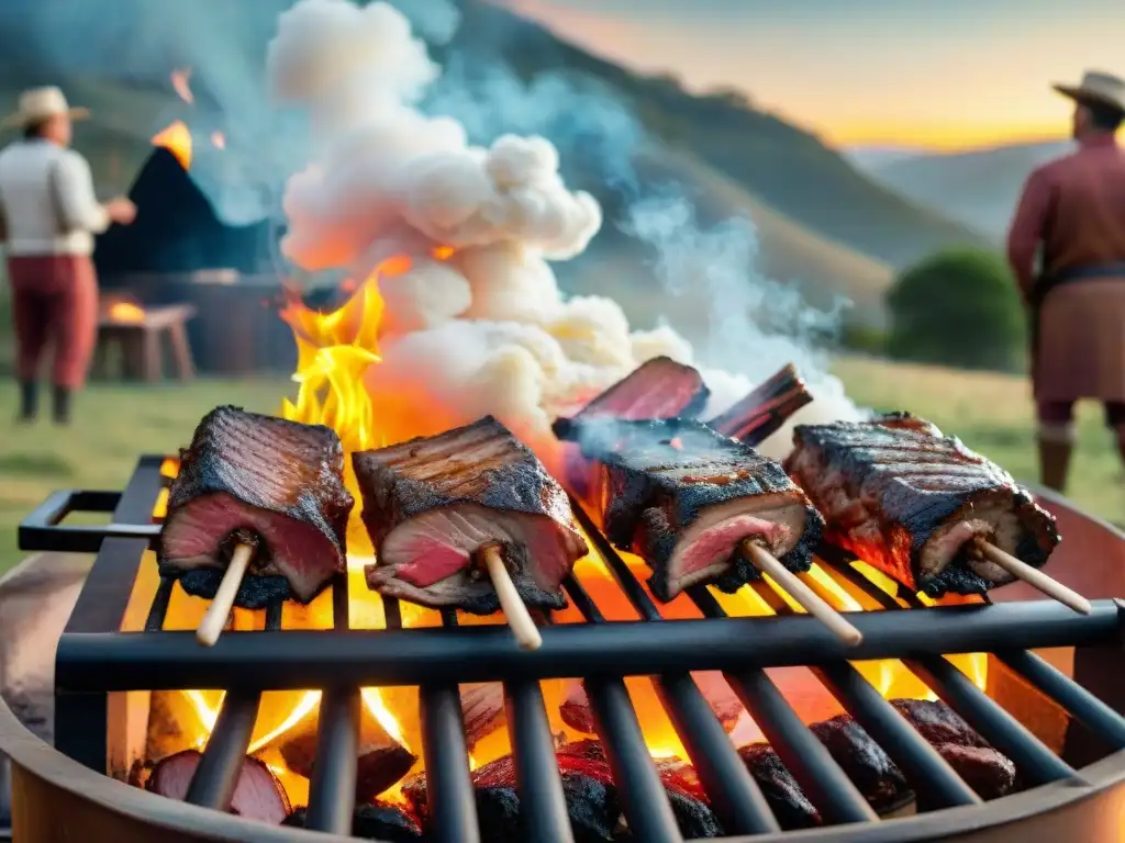 Una escena mágica de un asado uruguayo tradicional, amigos reunidos alrededor de la parrilla celebrando la historia asado uruguayo mitos