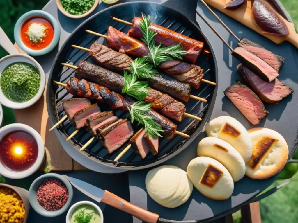 Una escena mágica de un asado uruguayo ancestral en un jardín verde, con amigos disfrutando de la comida y la compañía