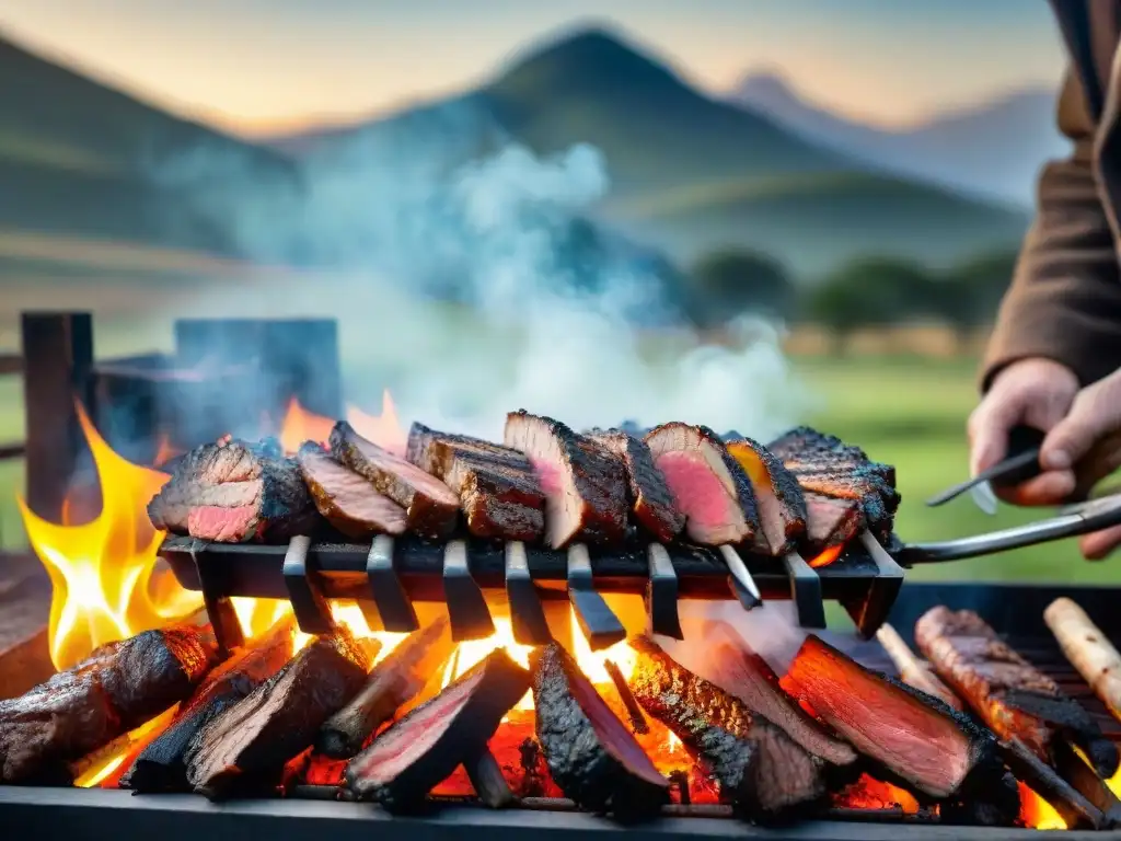 Escena mágica de un asado uruguayo tradicional con aguja asándose sobre brasas, gauchos en la campiña