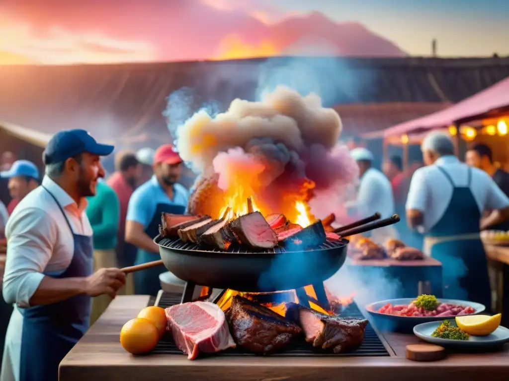 Una escena mágica de un festival de asado uruguayo al atardecer, mostrando las mejores parrilladas en Uruguay