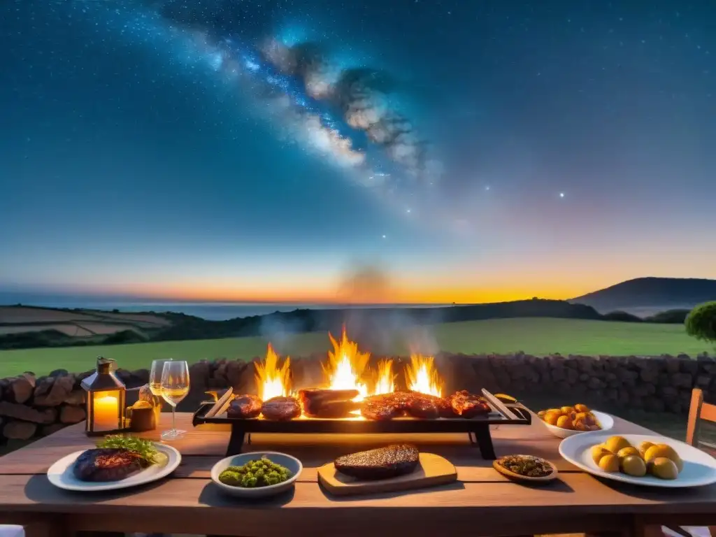 Una escena mágica de retiros exclusivos asado uruguayo bajo un cielo estrellado