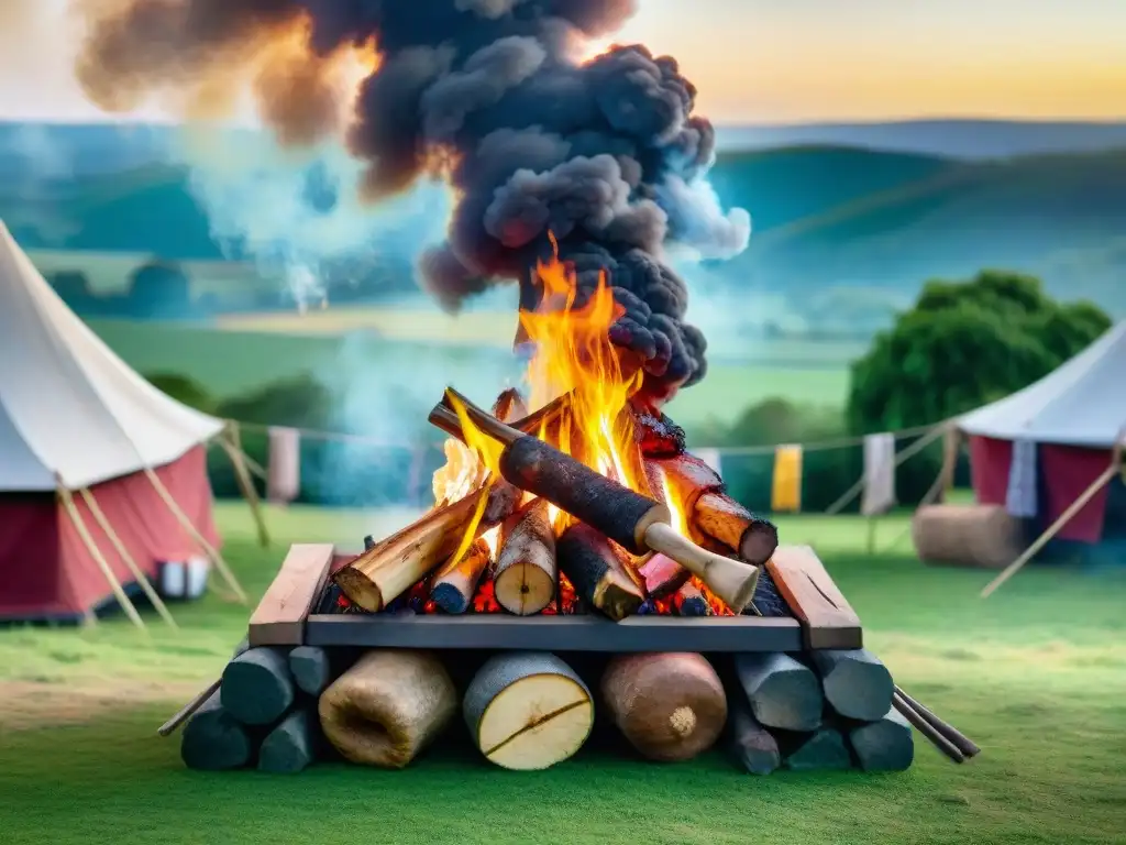 Escena mágica de un tradicional festival de asado uruguayo en el campo: gauchos, fuego, carne y tradición festivales asado Uruguay