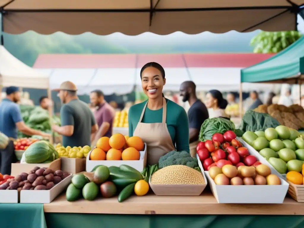 Escena de mercado con variedad de alimentos frescos y coloridos