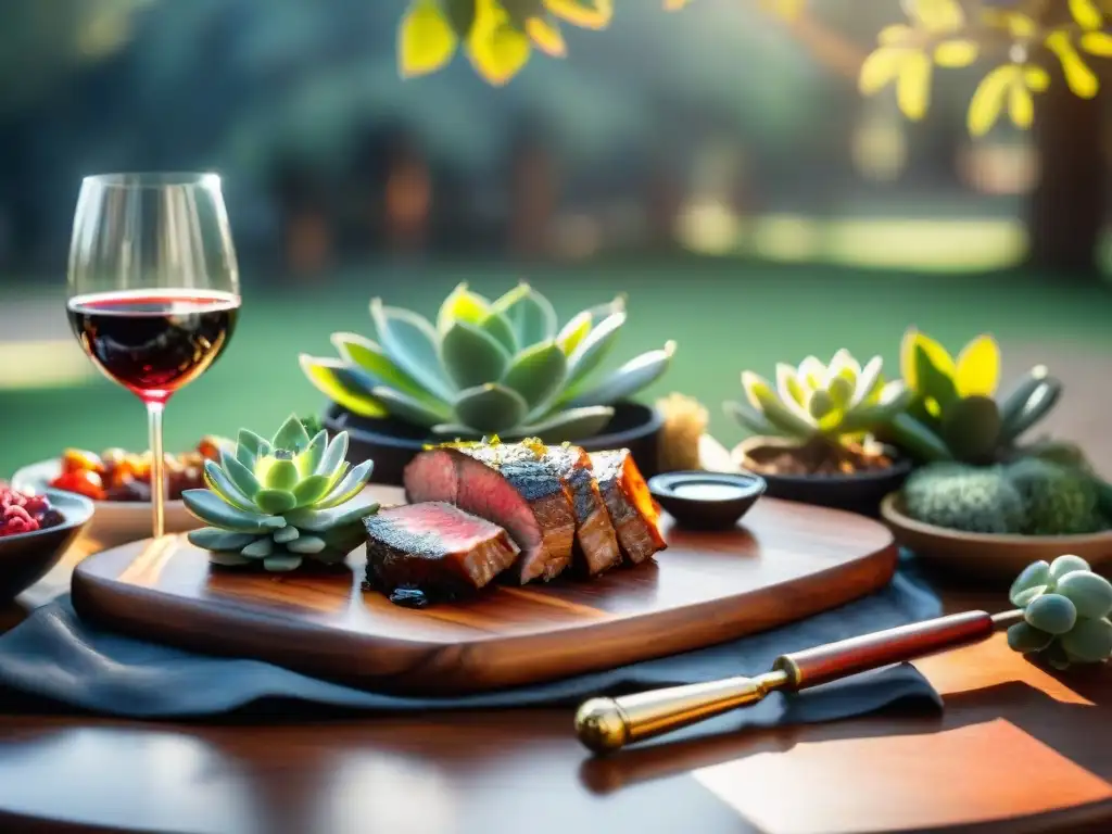 Escena de mesa rústica con asado uruguayo y maridaje de vino tinto en viñedo soleado