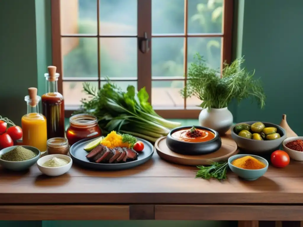 Escena de mesa rústica con salsas gourmet, hierbas frescas y vegetales coloridos