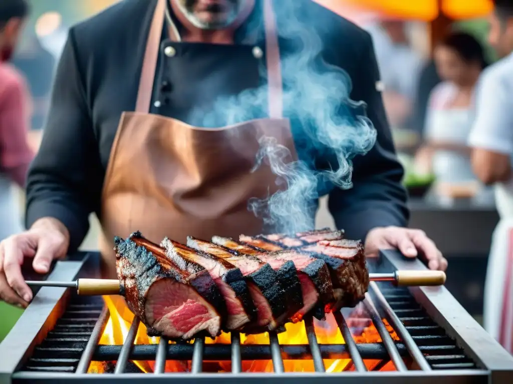 Escena moderna de parrilla uruguaya fusionando técnicas de asado tradicionales modernas con tecnología culinaria