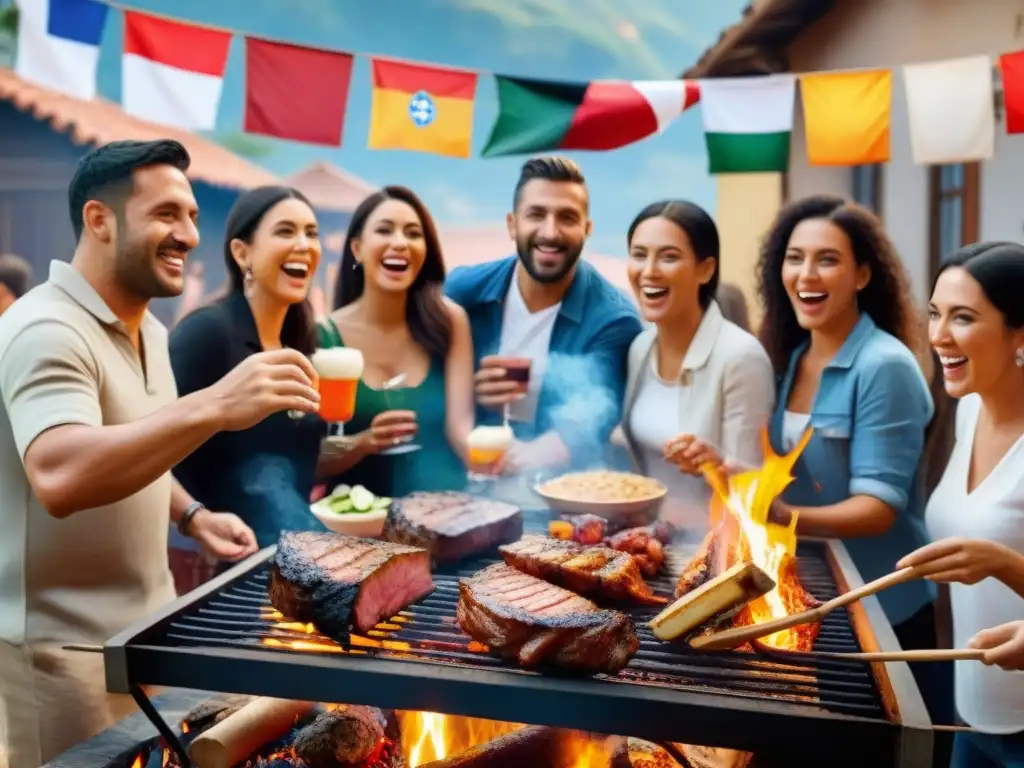 Una escena multicultural de amigos disfrutando de un asado uruguayo con un toque moderno