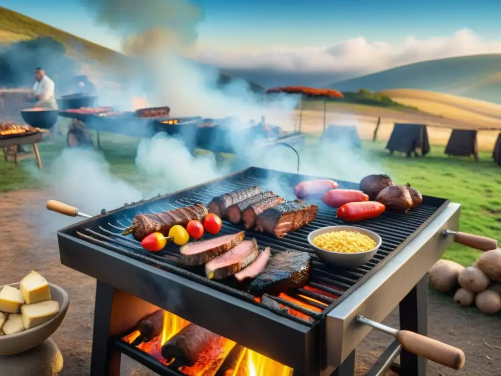 Una escena multicutural de un asado uruguayo tradicional con gauchos, carne y verduras a la parrilla, bajo un cielo azul