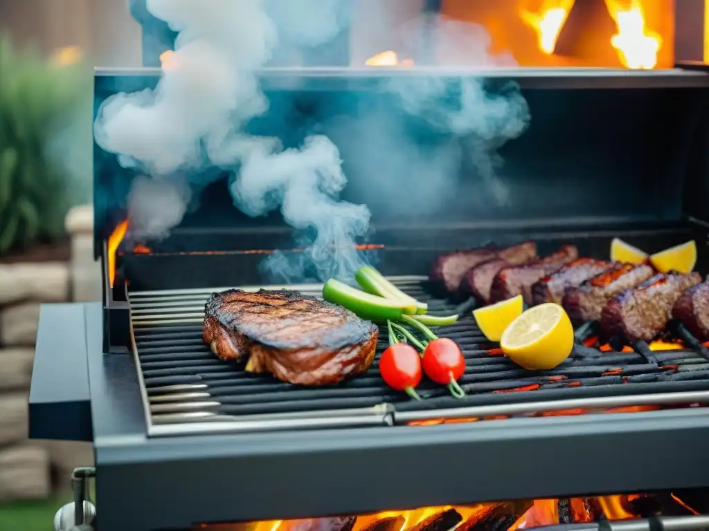 Escena nocturna de parrillada con accesorios iluminación parrilladas nocturnas resaltando sabores y colores vibrantes