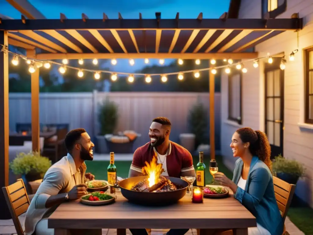 Escena nocturna de patio con amigos alrededor de fogata