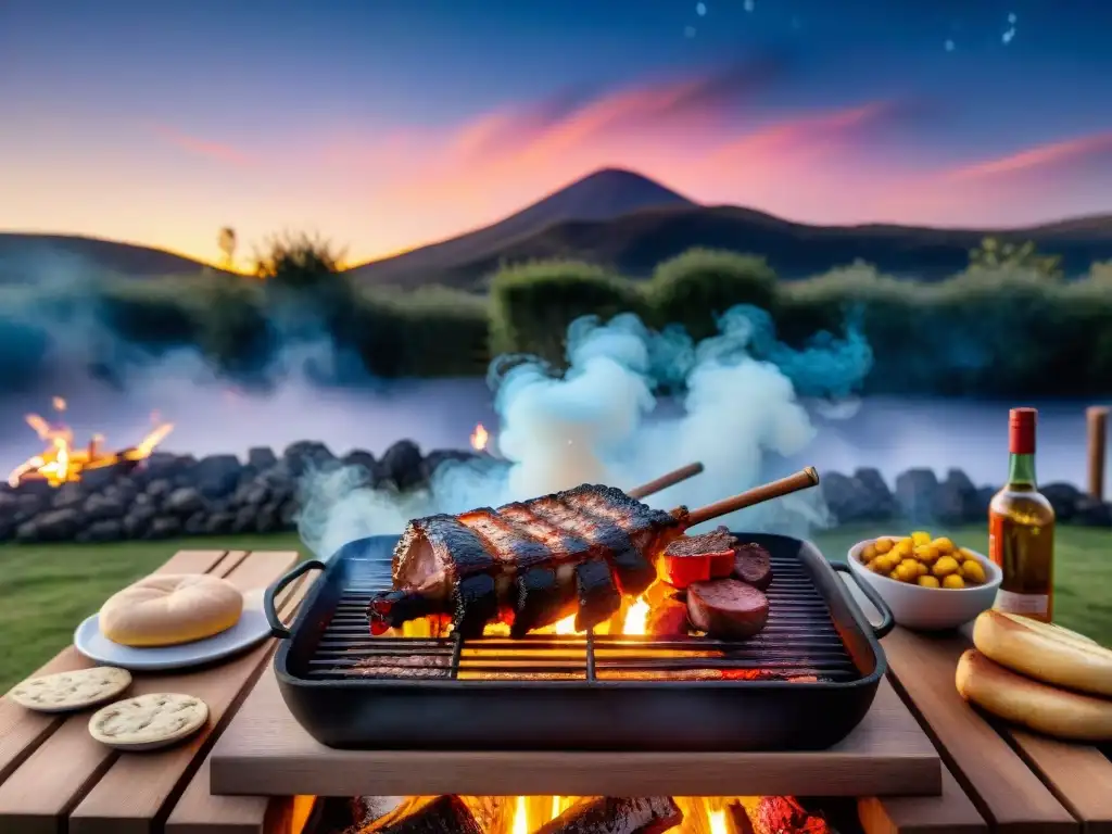 Escena nocturna perfecta asado uruguayo: parrillada bajo las estrellas, carne sizzling sobre brasas con ambiente acogedor