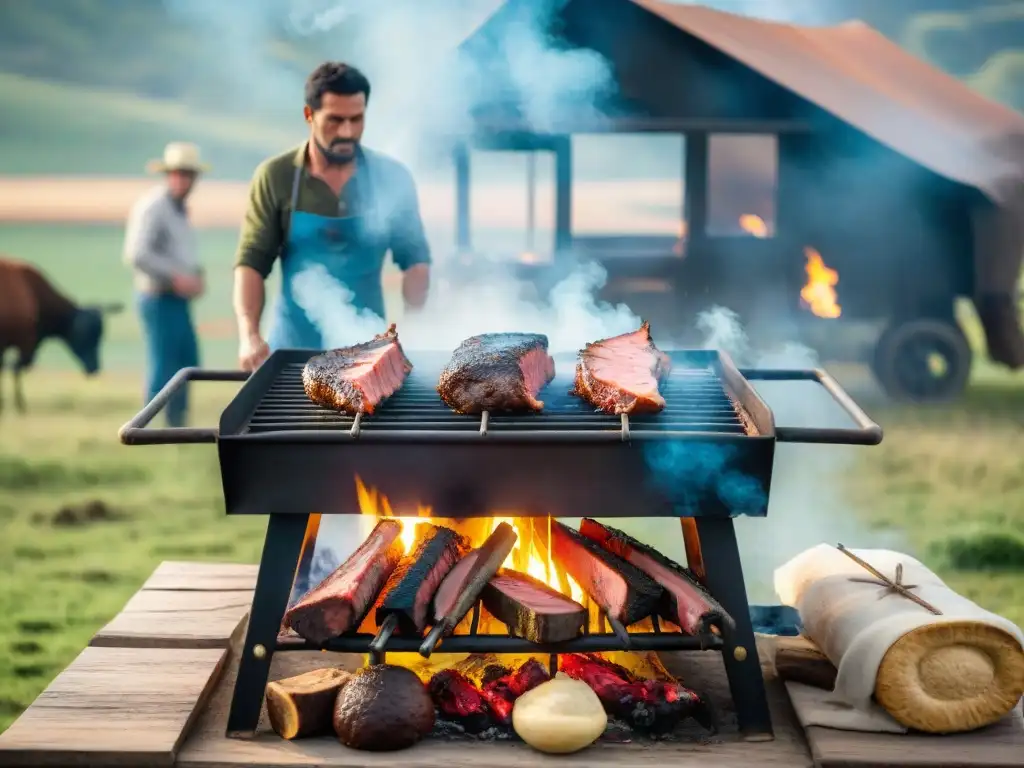 Una escena nostálgica de la tradición del asado en Uruguay, con gauchos preparando carne a la parrilla en el campo de Colonia