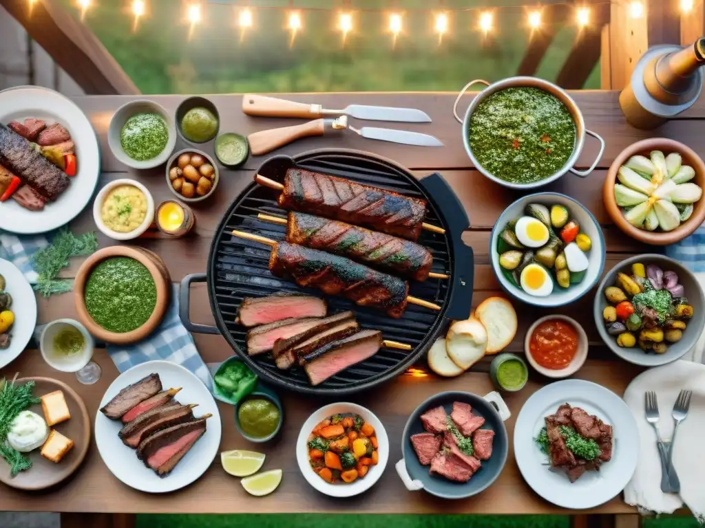 Una escena nostálgica de un asado uruguayo tradicional al aire libre, con amigos y familiares disfrutando de una deliciosa parrillada bajo la cálida luz de las luces, mientras el sol se pone en el horizonte