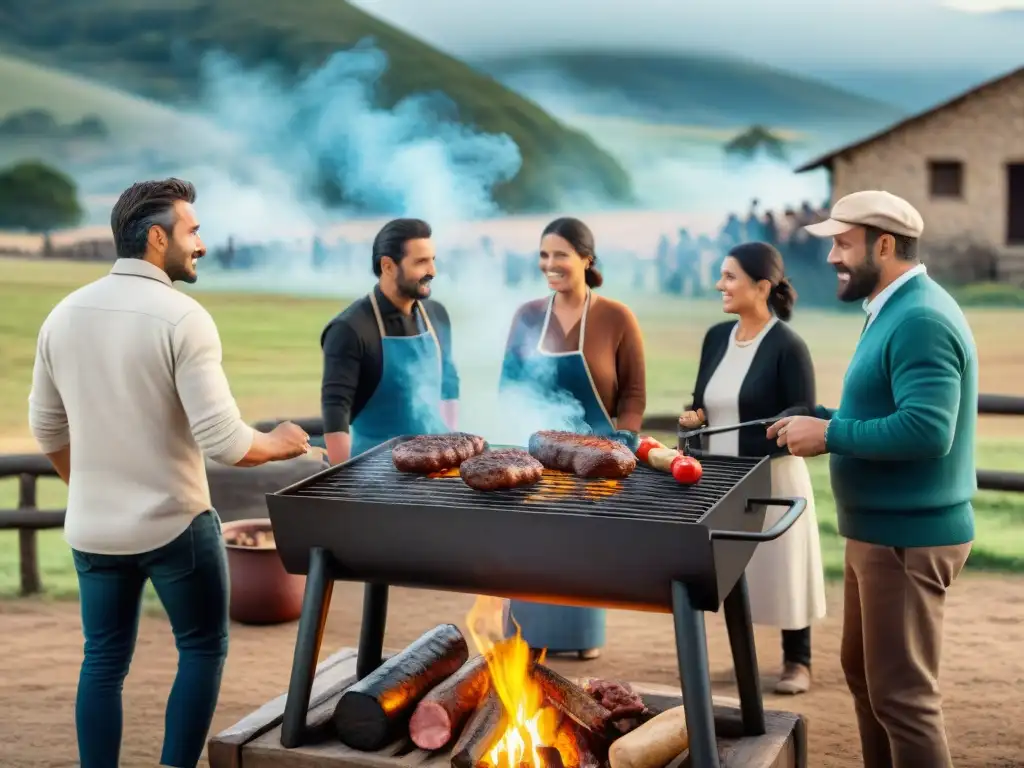 Una escena nostálgica del asado uruguayo tradicional en el campo, donde la historia y la tradición se entrelazan entre la comida y la conversación