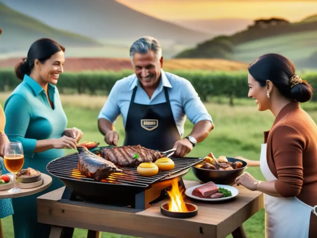 Escena nostálgica de un asado uruguayo tradicional en familia, con generaciones disfrutando la calidez y unión alrededor de la parrilla al atardecer