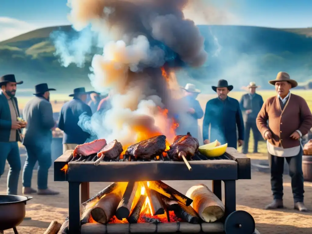 Una escena nostálgica de un tradicional asado uruguayo en el campo, con una parrilla llena de carne y personas de todas las edades disfrutando juntas