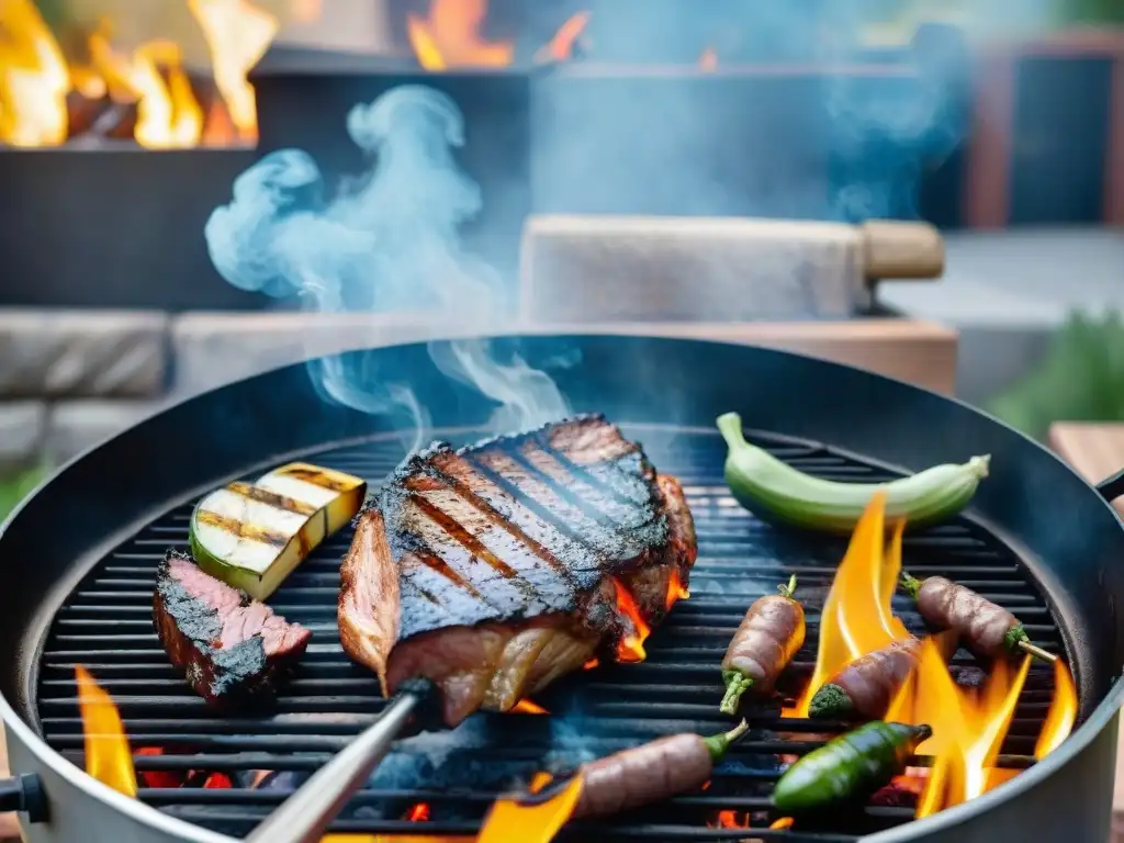 Una escena de parrilla al aire libre iluminada por el sol, donde amigos y familia disfrutan de una deliciosa comida asada